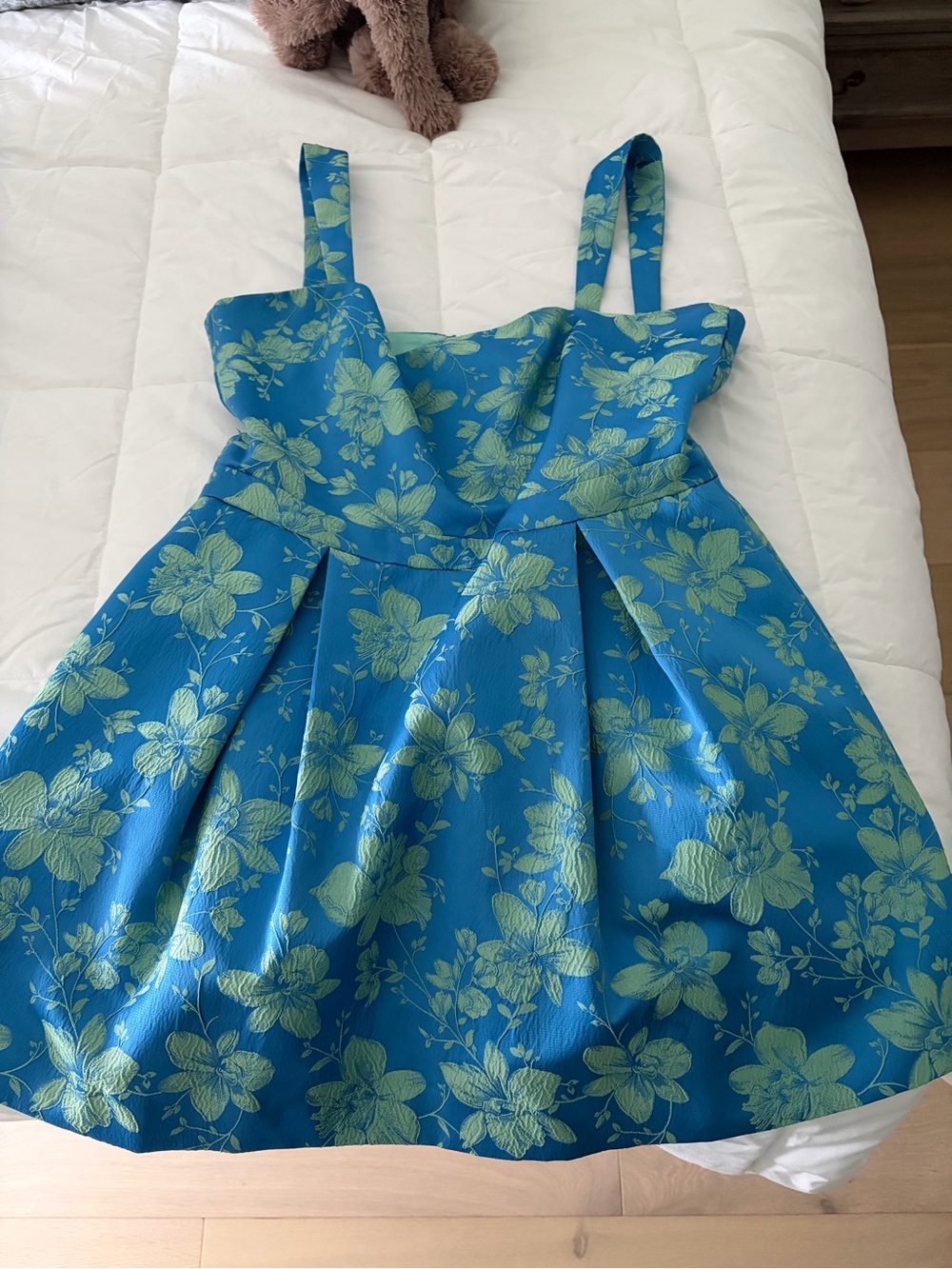 Alexis Blue Floral Fit-and-Flare Dress with Green Print